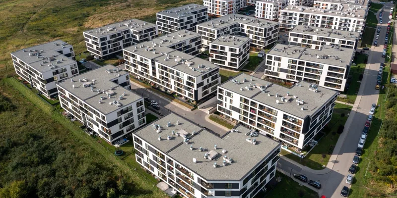 Aerial view of a modern multifamily apartment community